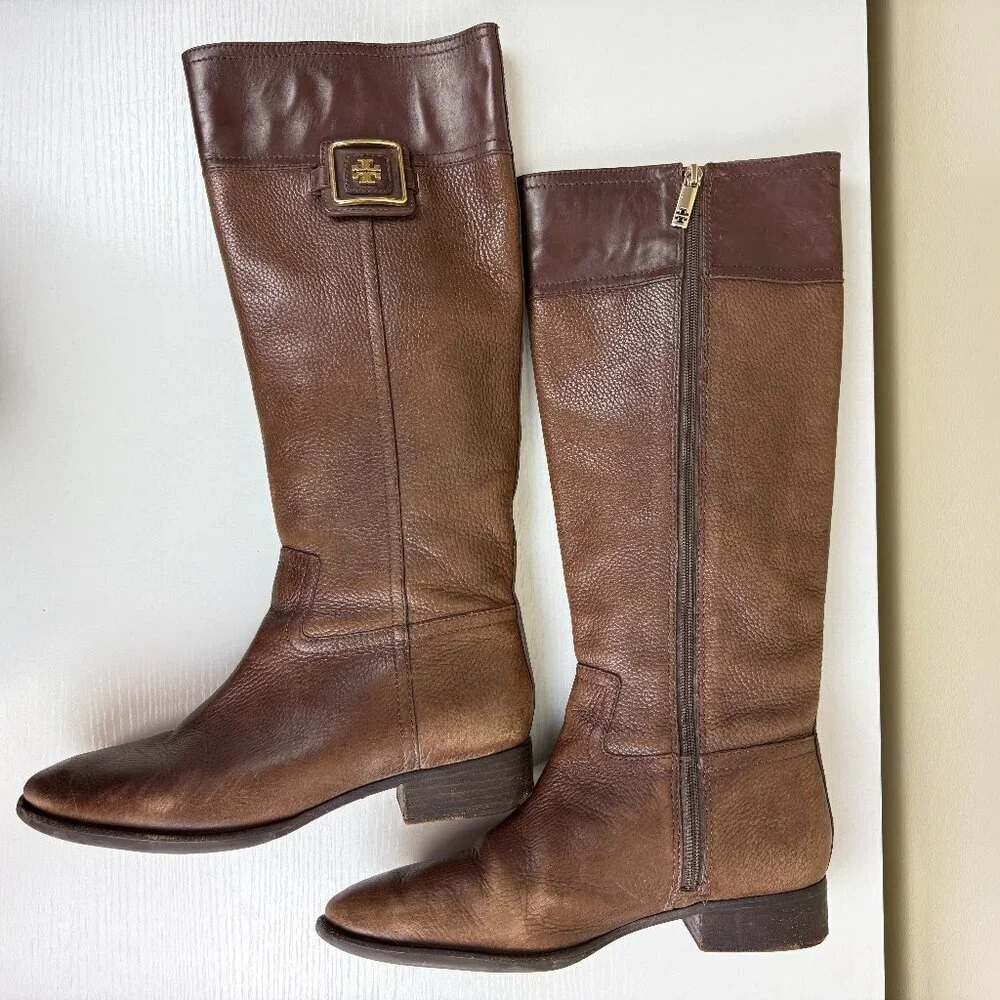 Tory Burch Julian Brown Pebbled Leather Tall Riding Boots - Picture 6 of 15